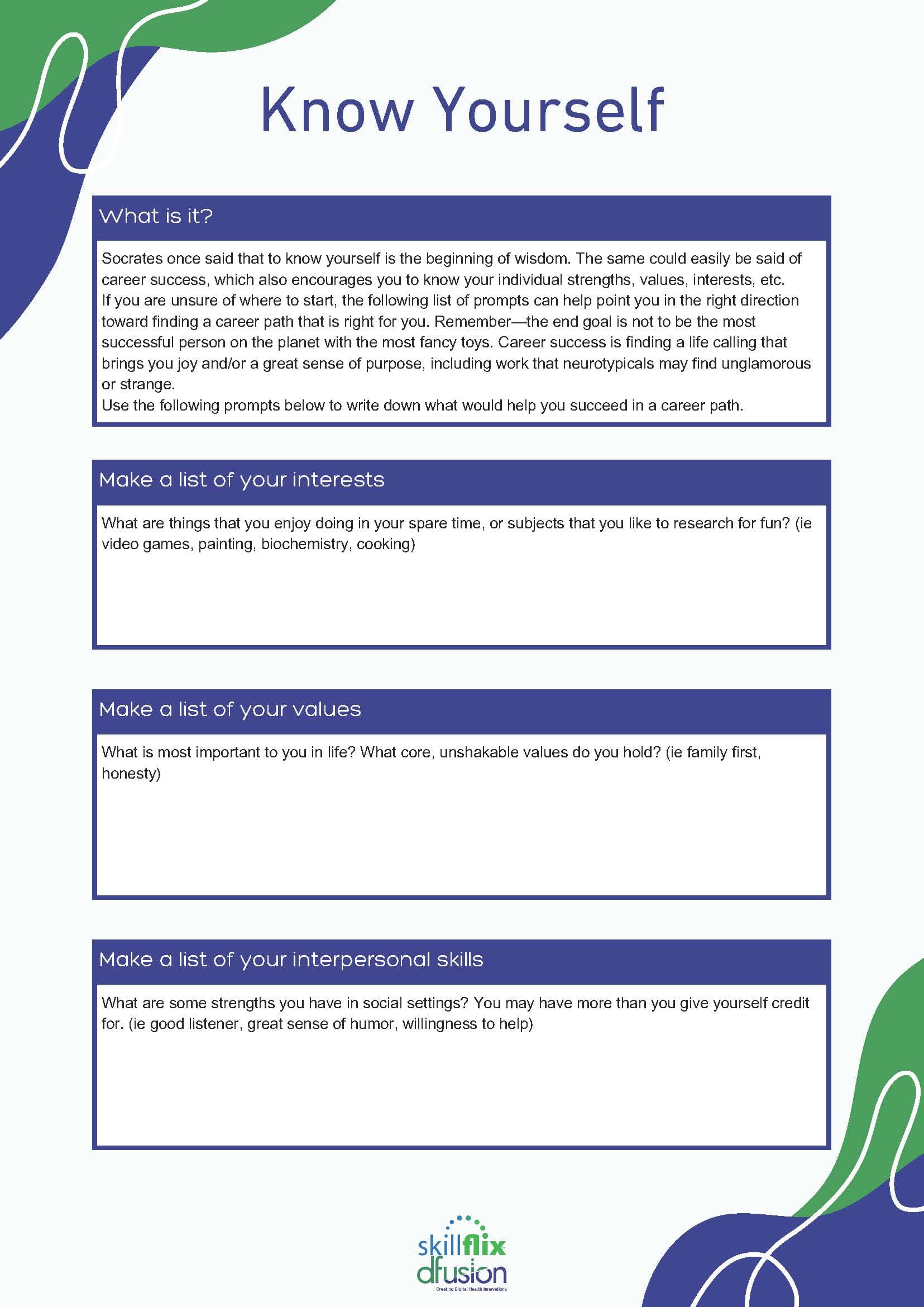 First page of the Know Yourself worksheet