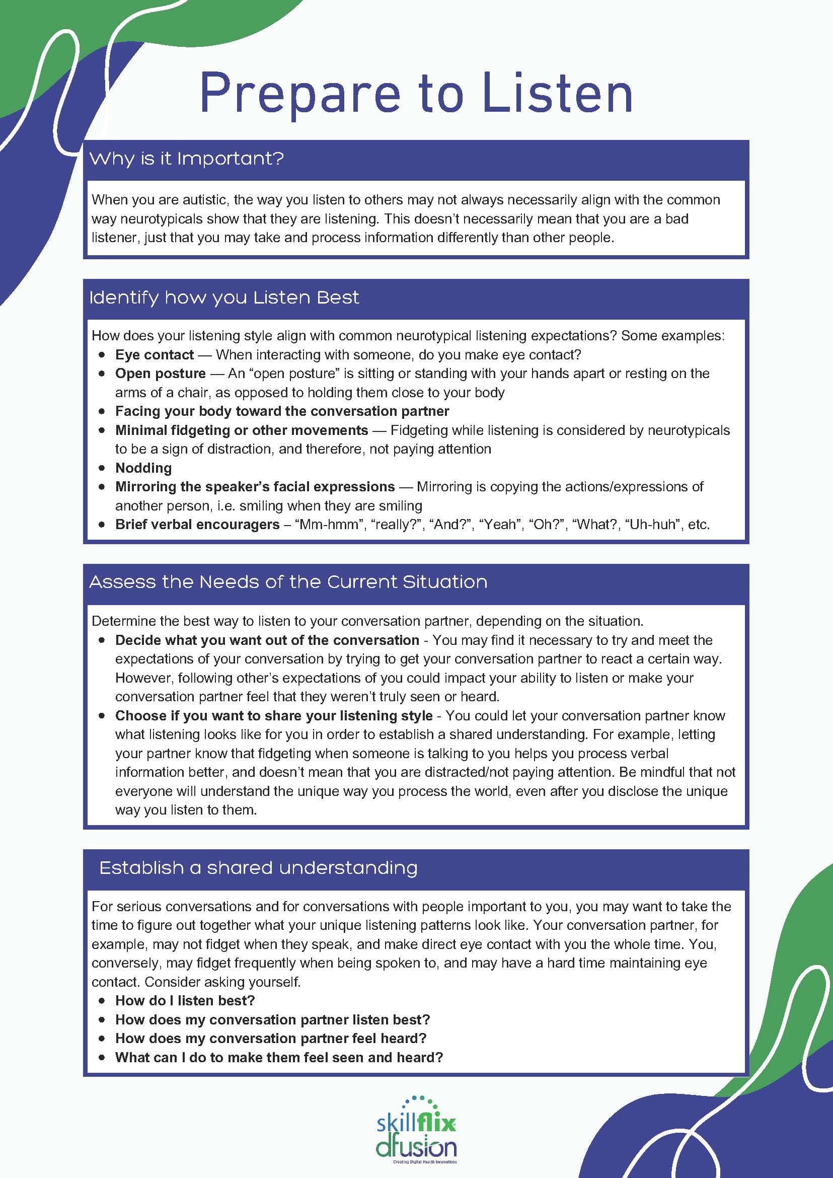 First page of the Prepare to Listen worksheet